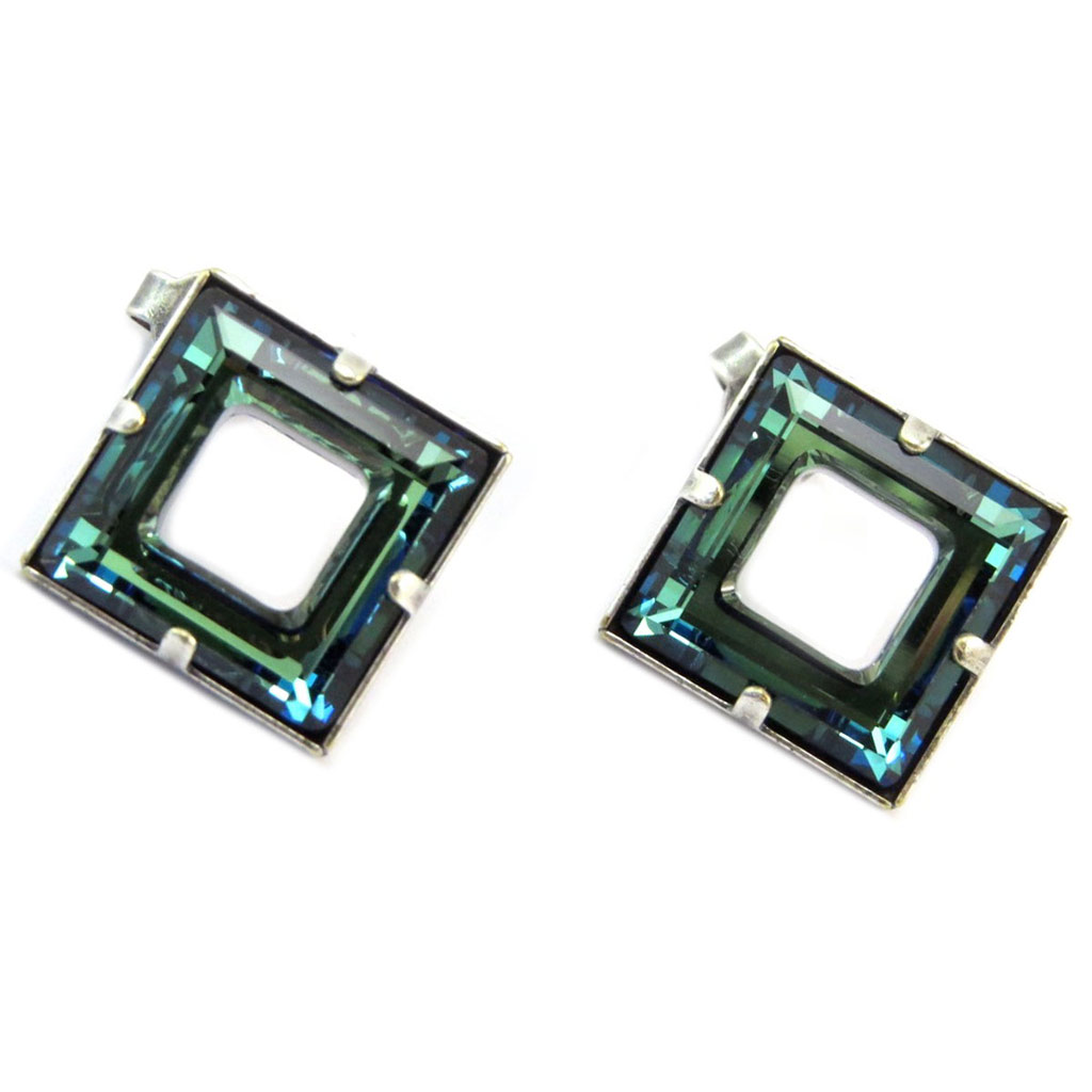 Boucles d\'oreilles artisanales \'Tsarine\' bleu bermudes argenté - 20x20 mm - [P6709]