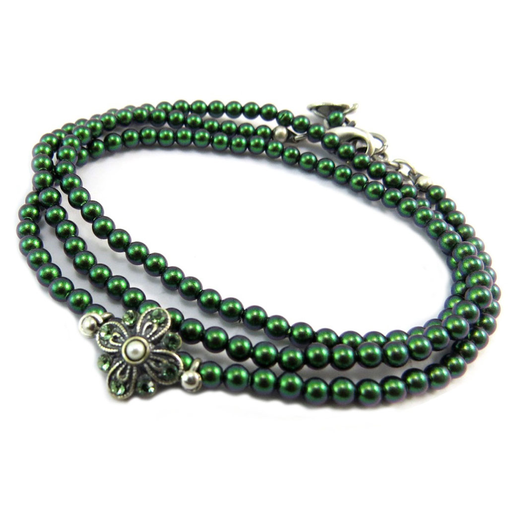 Bracelet artisanal \'Tsarine\' vert argenté - 3 mm, 3 rangs - [P6713]