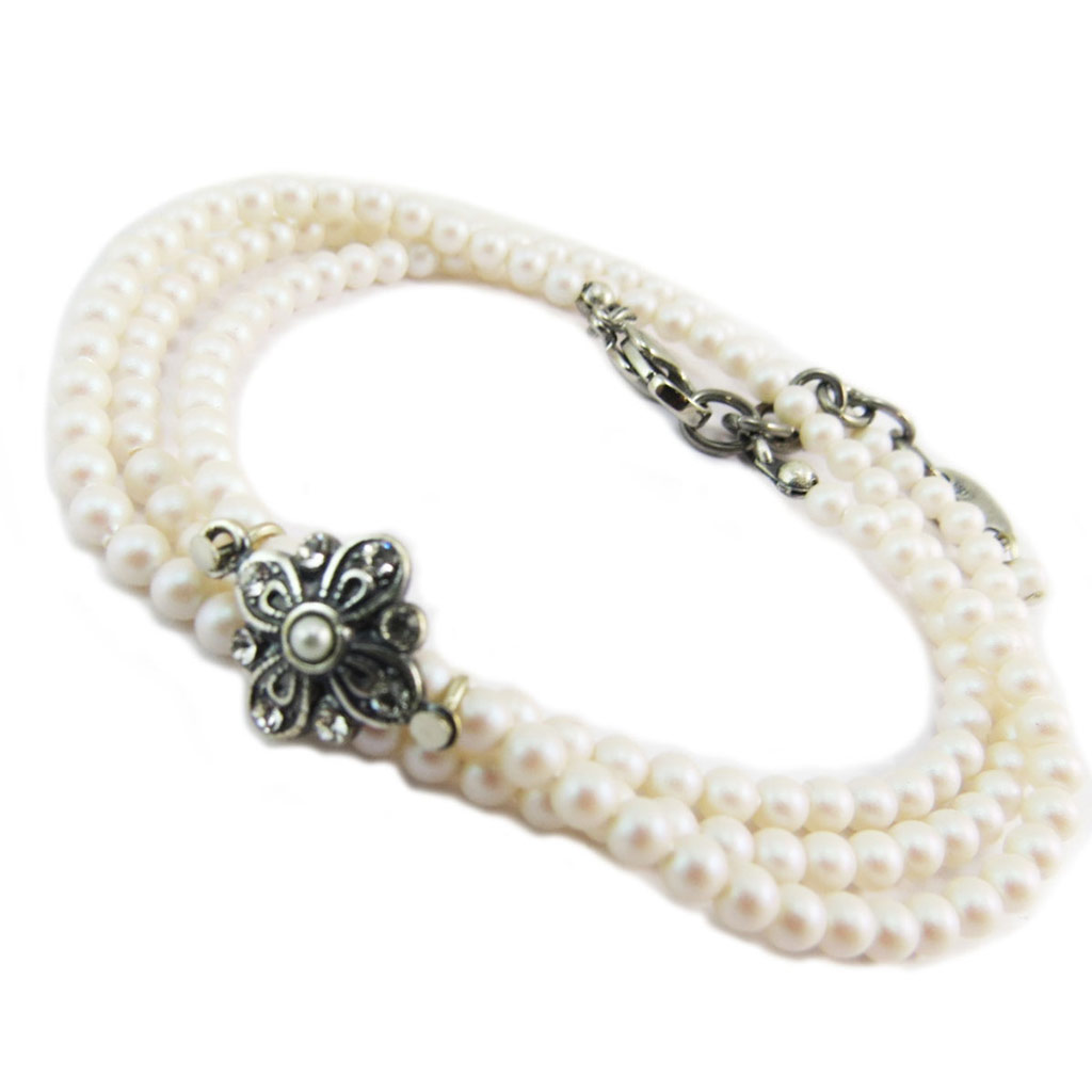 Bracelet artisanal \'Tsarine\' blanc poudré argenté - 3 mm, 3 rangs - [P6714]