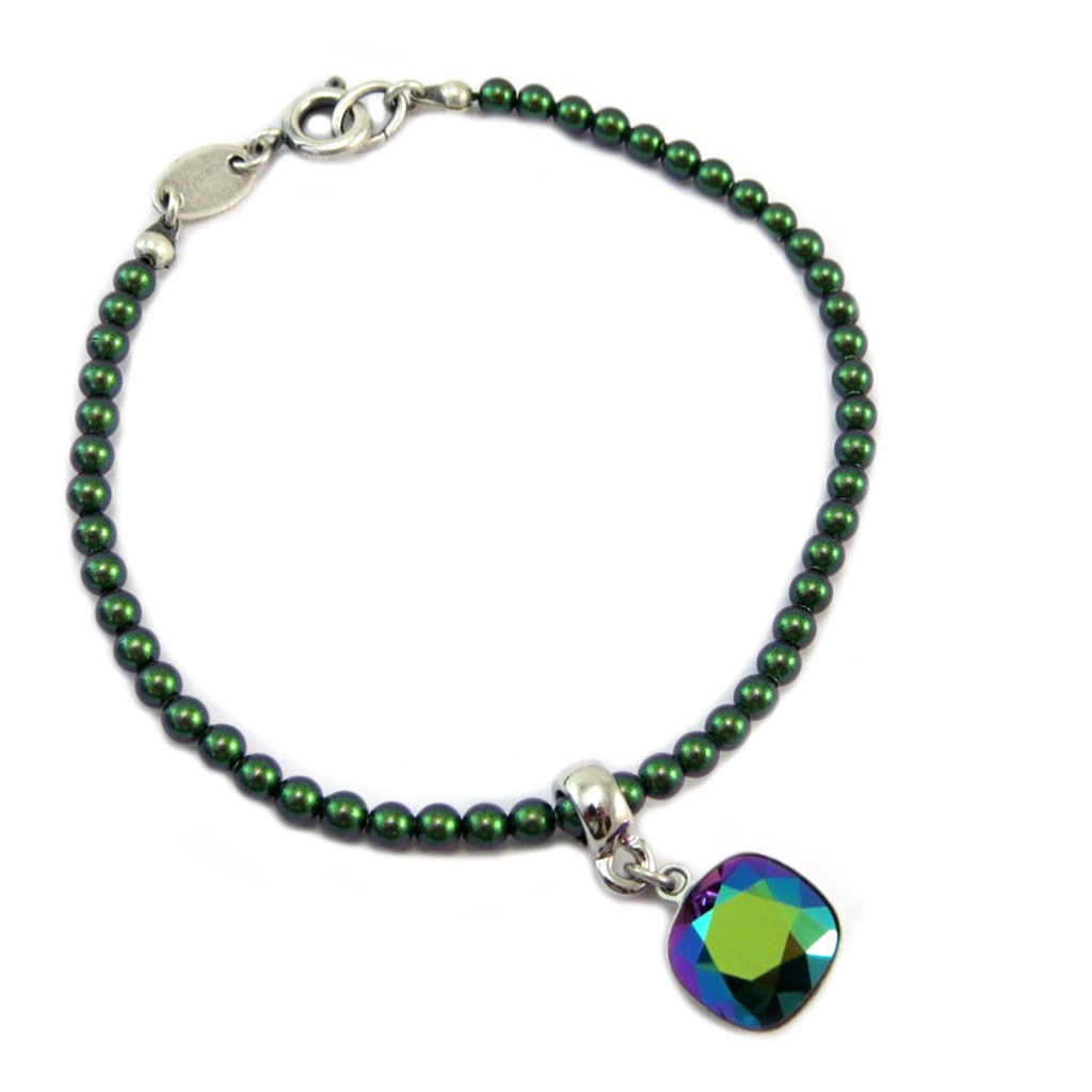 Bracelet artisanal \'Tsarine\' vert argenté - 18 cm 3 mm, 10x10 mm - [P6715]