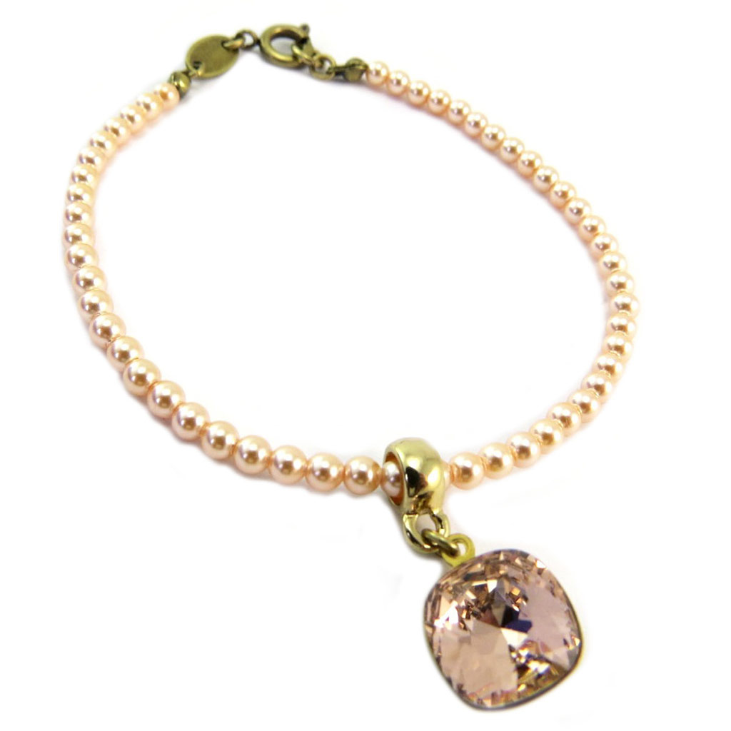 Bracelet artisanal \'Tsarine\' rose pèche doré - 18 cm 3 mm, 10x10 mm - [P6718]