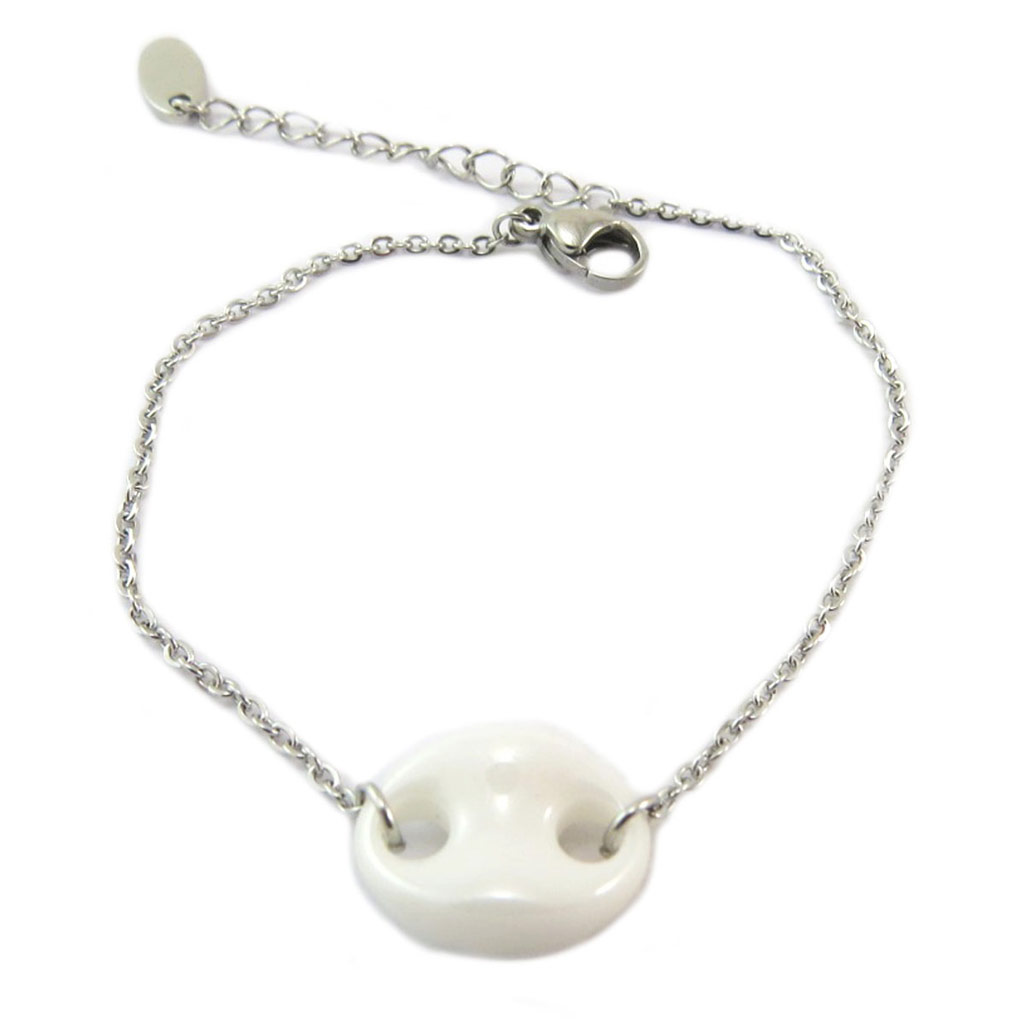 Bracelet acier \'Grain de Café\' blanc argenté (céramique) - 15x10 mm - [P6728]