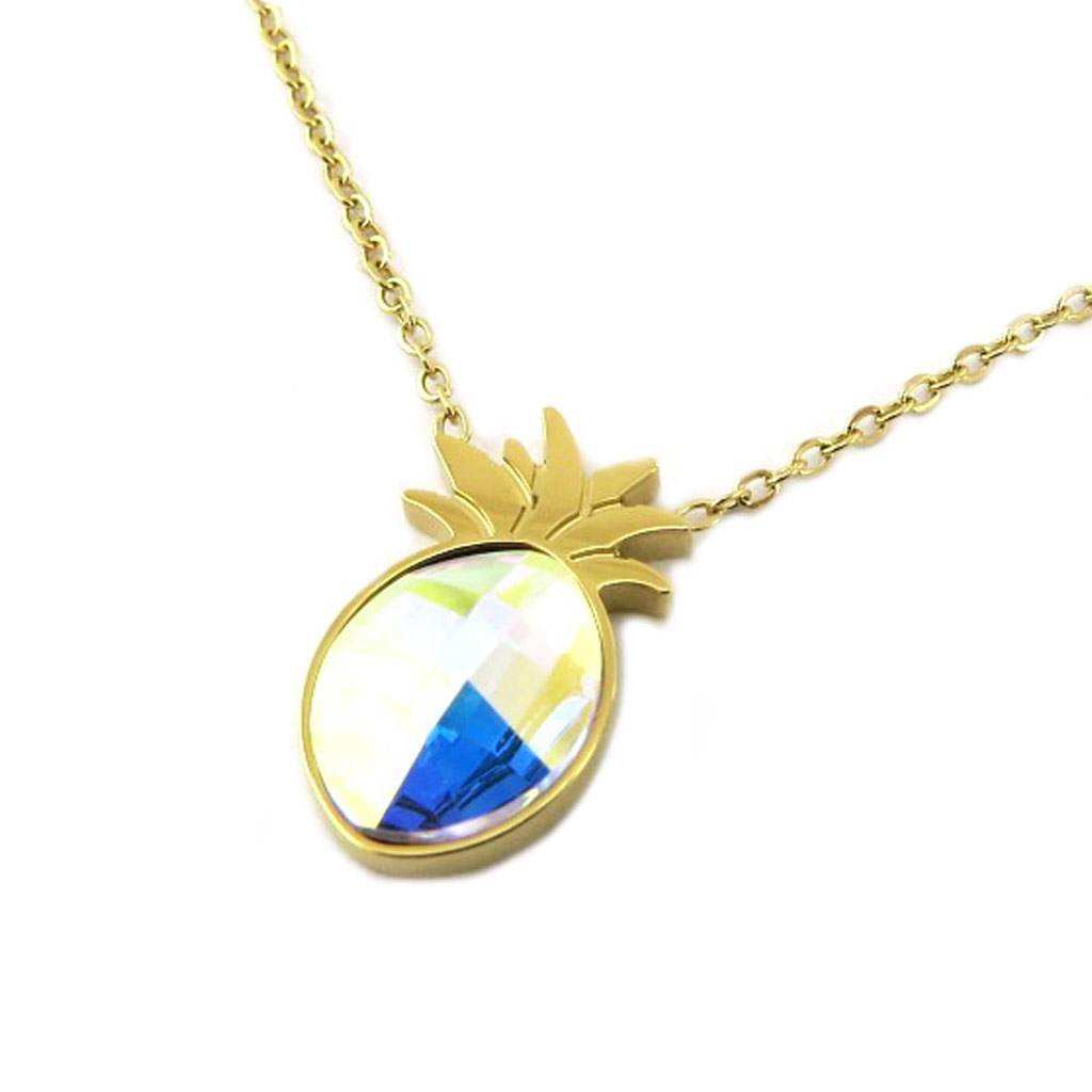 Collier artisanal acier \'Bohème\' blanc boréal doré (ananas) - 15x8 mm - [P6780]