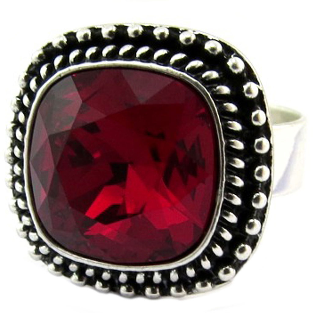 Bague artisanale \'Bohème\' rouge argenté - 18x18 mm - [P6804]