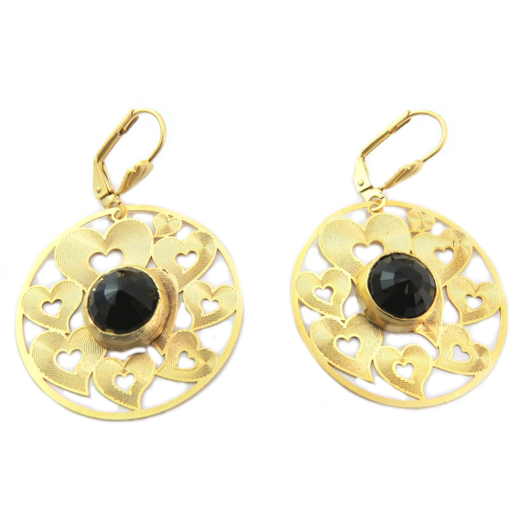 Dormeuses artisanales \'Cléopatra\' noir doré (coeur) - 30 mm - [P6912]