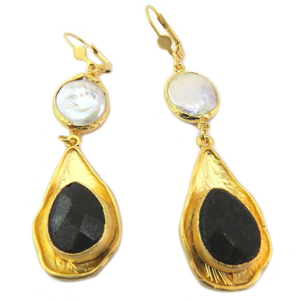 Dormeuses artisanales \'Cléopatra\' noir blanc doré - 60x18 mm - [P6918]