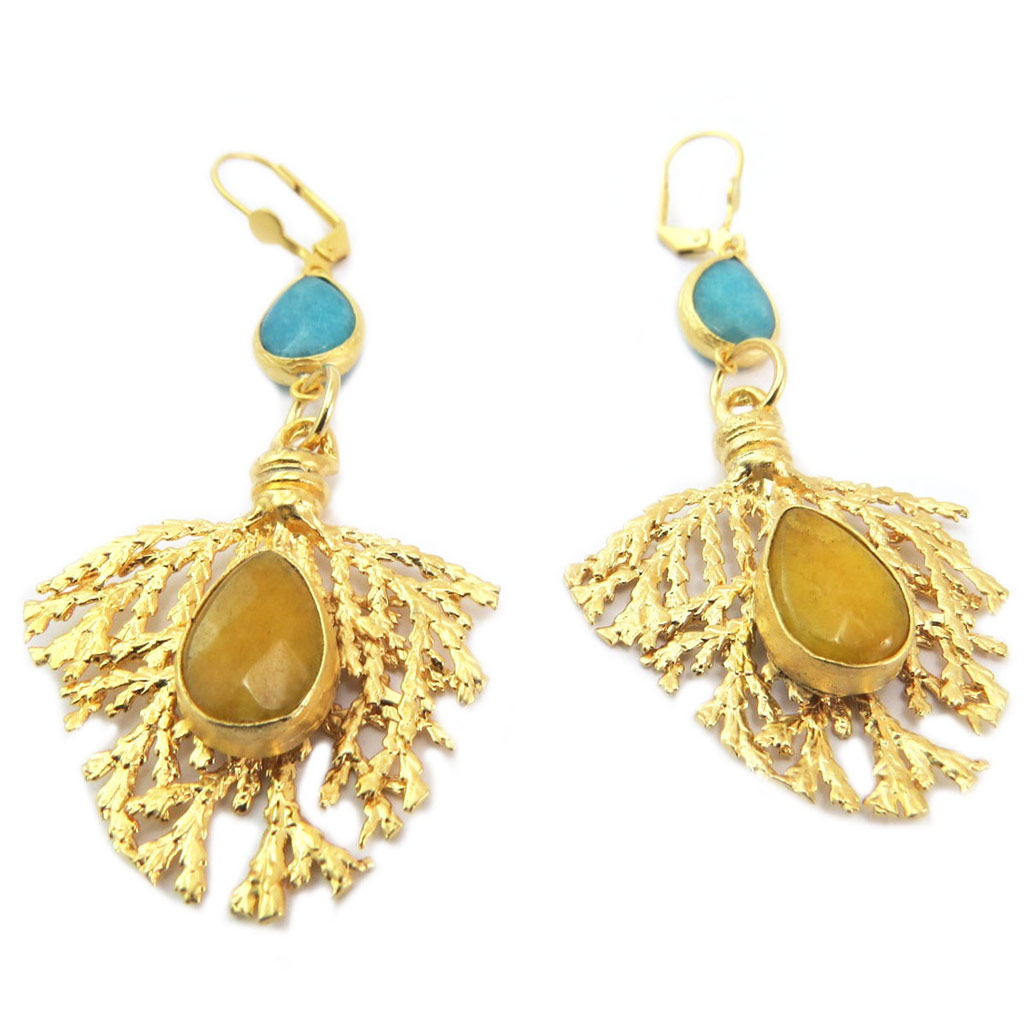 Dormeuses artisanales \'Cléopatra\' turquoise ocre doré - 65x35 mm - [P6919]