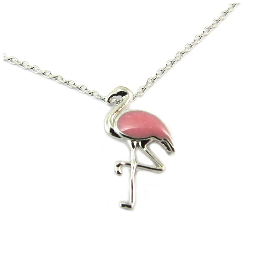 Collier artisanal \'Flamant Rose\' rose argenté - 16x9 mm - [P6941]