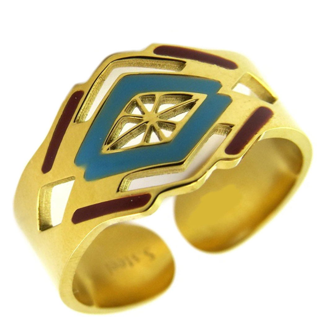 Bague créateur acier \'Boho\' turquoise marron doré - largeur 10 mm - [P7037]
