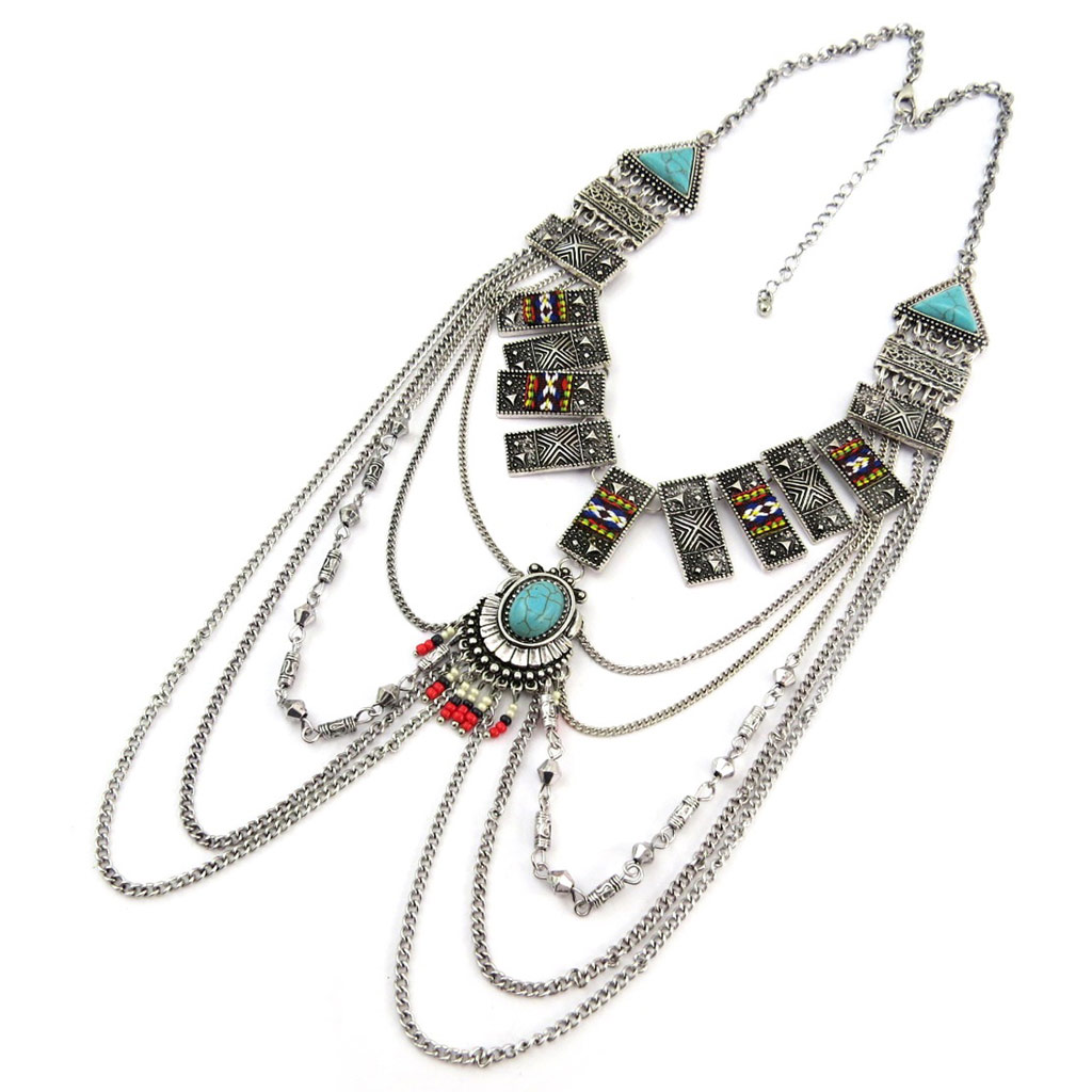 Collier créateur \'Navajos\' turquoise argenté - 48 cm, 14x12 cm - [P7264]