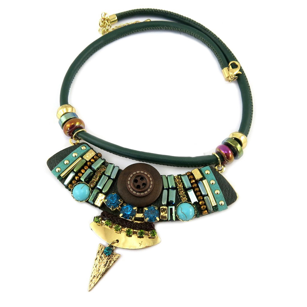 Collier créateur \'Altaï\' vert doré - 48 cm, 11x5 cm - [P7267]