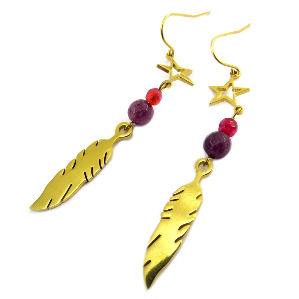 Boucles créateur acier \'Boho\' rouge doré (plume) - 58x9 mm - [P7365]