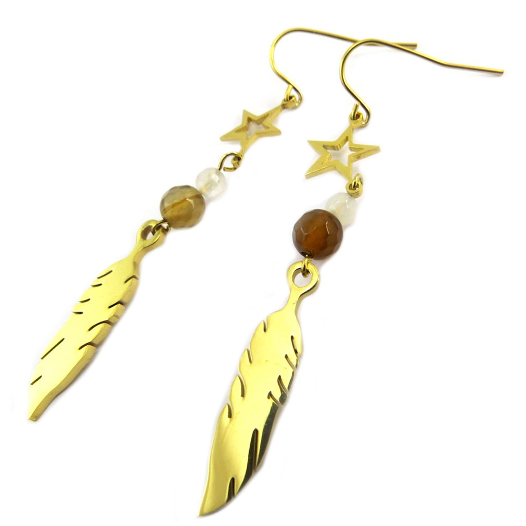 Boucles créateur acier \'Boho\' marron doré (plume) - 58x9 mm - [P7366]