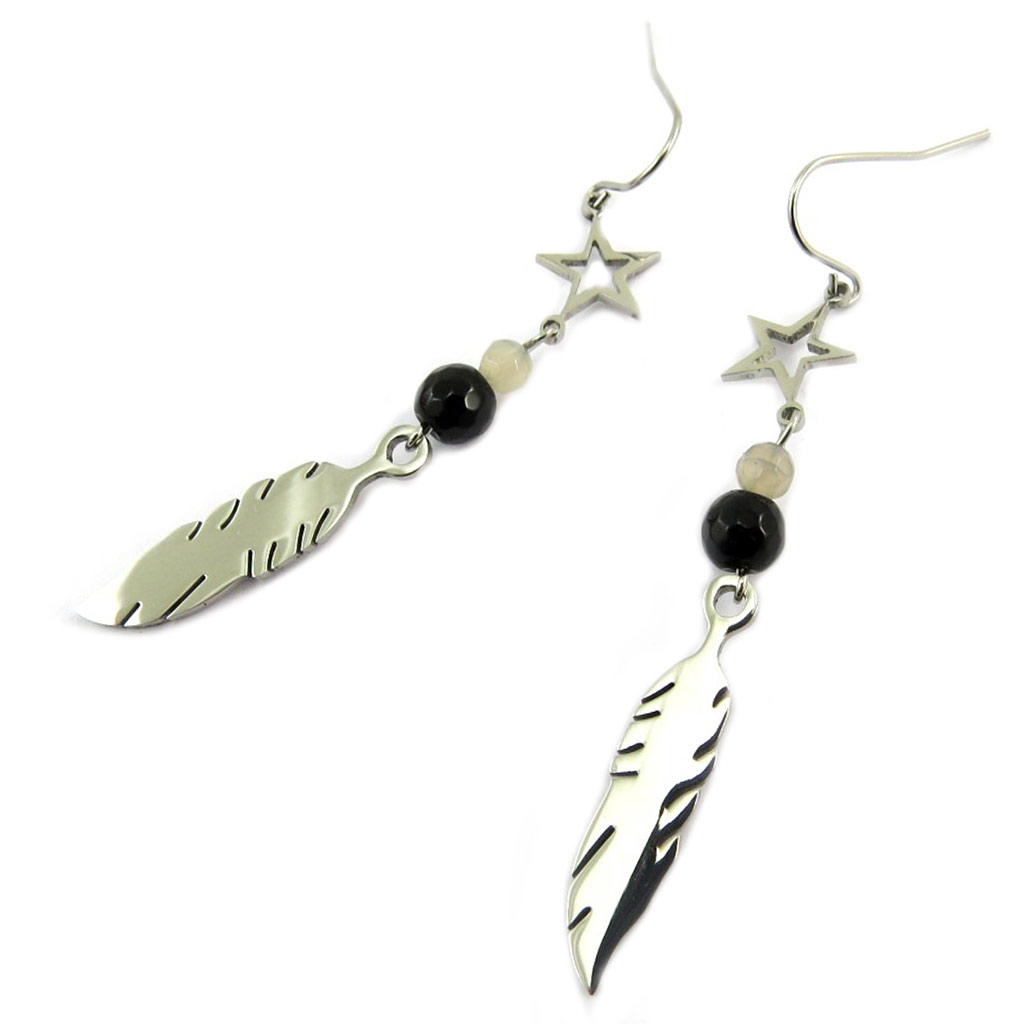 Boucles créateur acier \'Boho\' noir argenté (plume) - 58x9 mm - [P7367]
