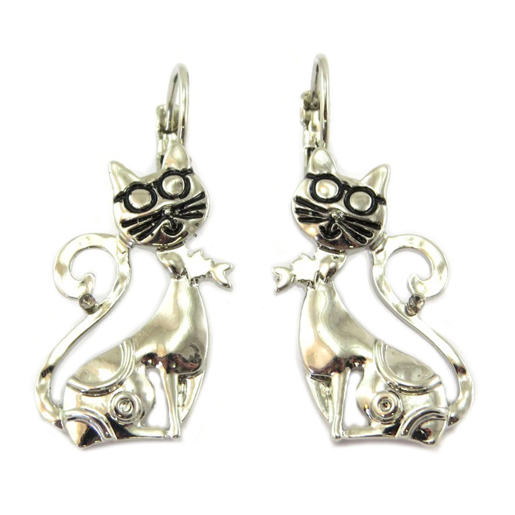 Dormeuses créateur \'Lilipoupettes\' (chats) argenté - 28x15 mm - [P7473]
