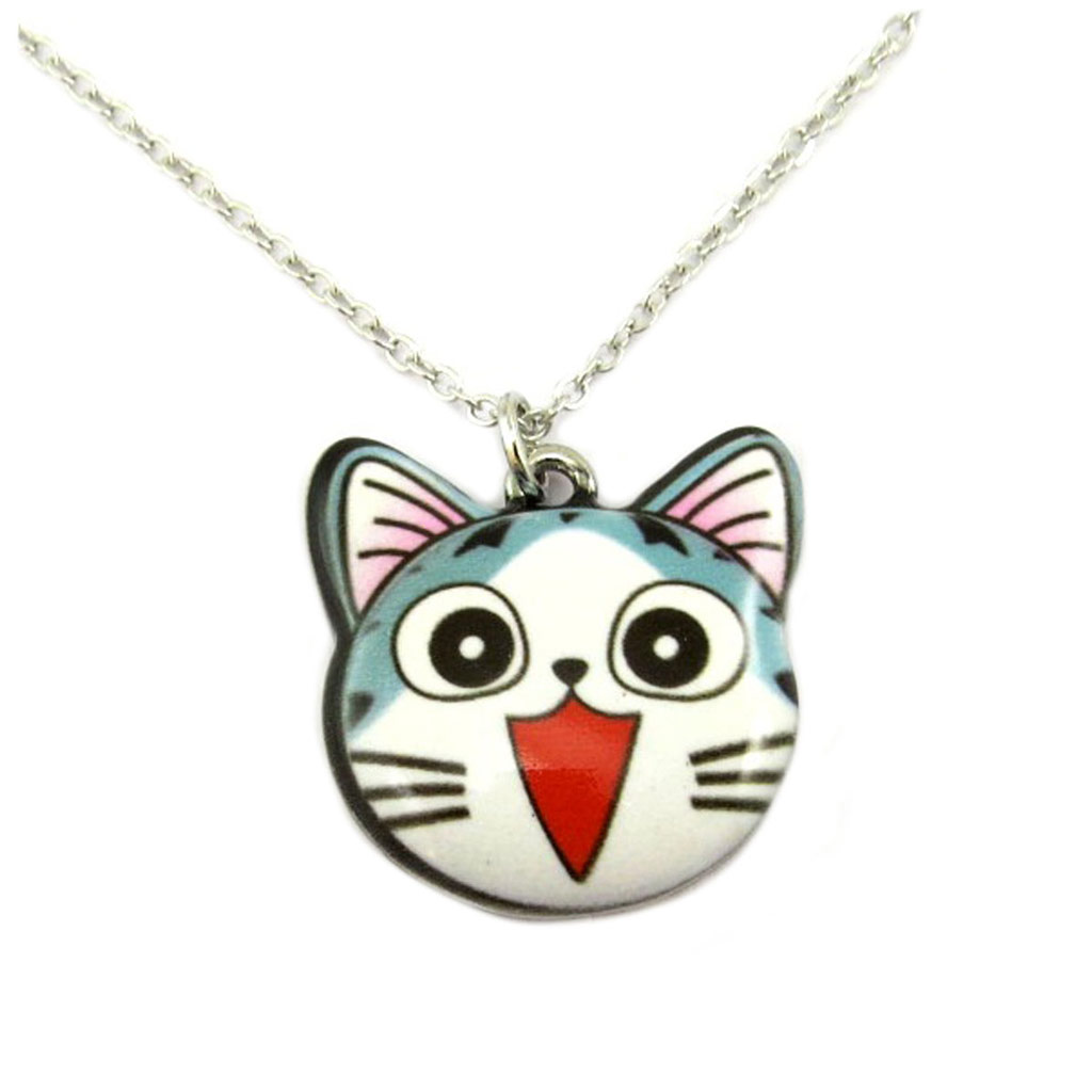 Collier créateur \'Lilipoupettes\' (chat) blanc bleu rose - 20x20 mm - [P7475]