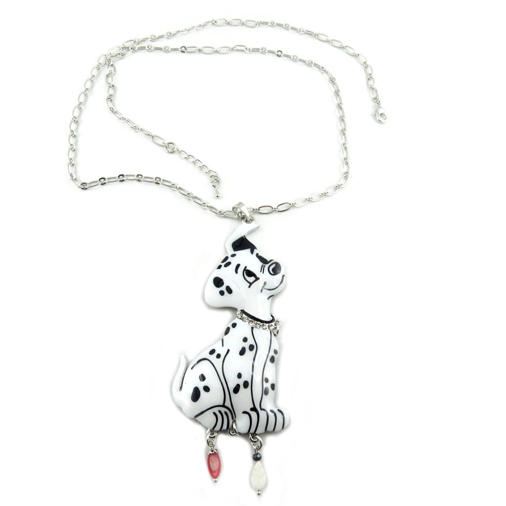 Collier sautoir créateur \'Lilipoupettes\' (dalmatien) blanc argenté - 11x45 cm - [P7493]