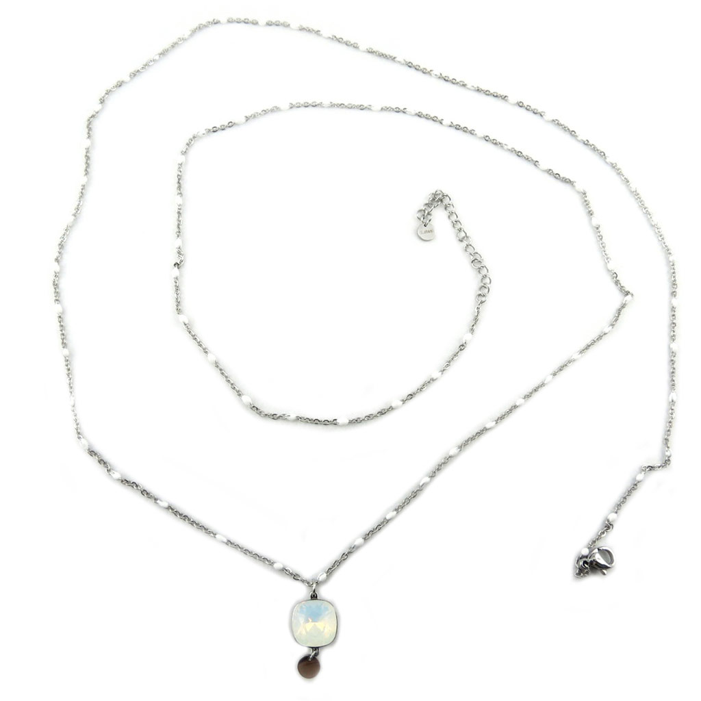 Sautoir artisanal acier \'Bohème\' blanc opalescent argenté - 80 cm 18x10 mm - [P7495]
