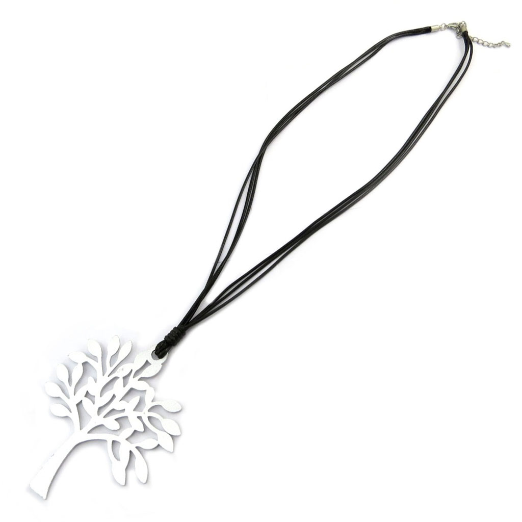 Collier Sautoir Créateur \'Arbre de Vie\' gris argenté noir - 75 cm, 11x9 cm - [P7587]