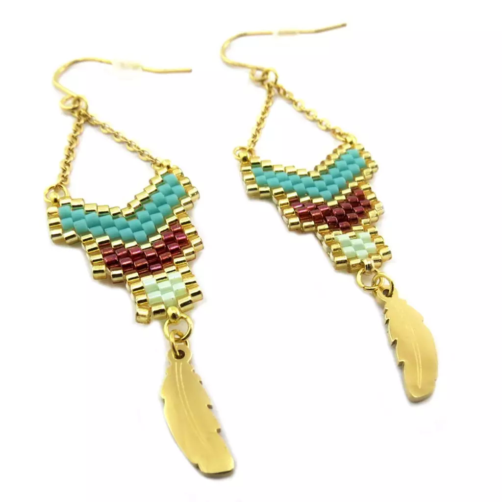 les trésors de lily Boucles créateur acier 'Boho' vert marron doré 55x15 mm [P7723]