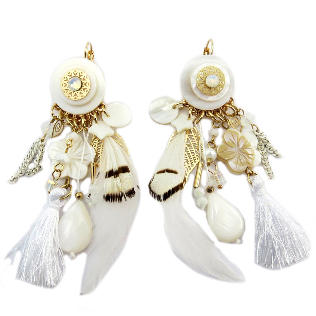 Boucles créateur \'Lilipoupettes\' beige blanc doré - 80x30 mm - [P7741]