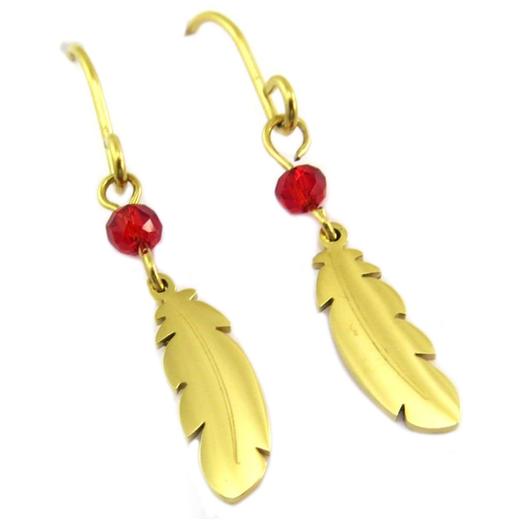 Boucles créateur acier \'Boho\' rouge doré (plume indienne) - 19x4 mm - [P7764]