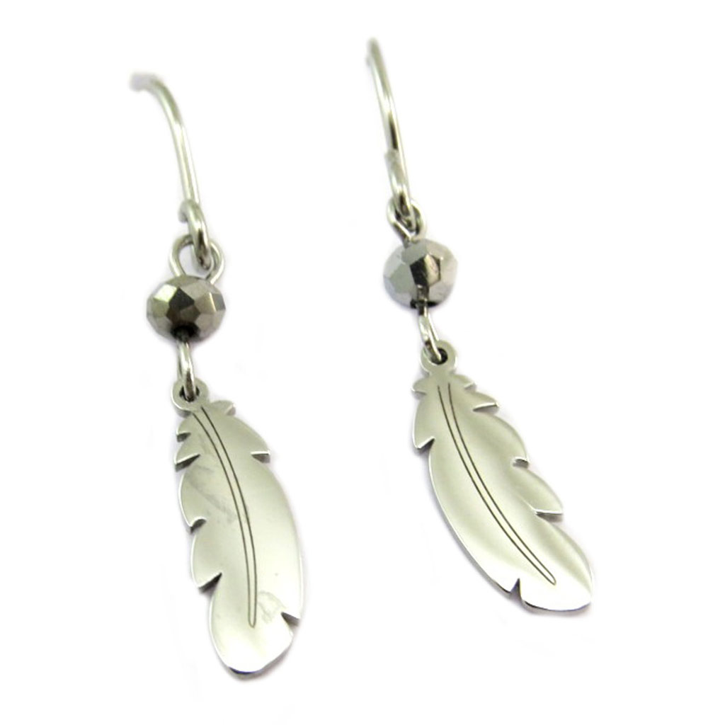 Boucles créateur acier \'Boho\' gris argenté (plume indienne) - 19x4 mm - [P7765]