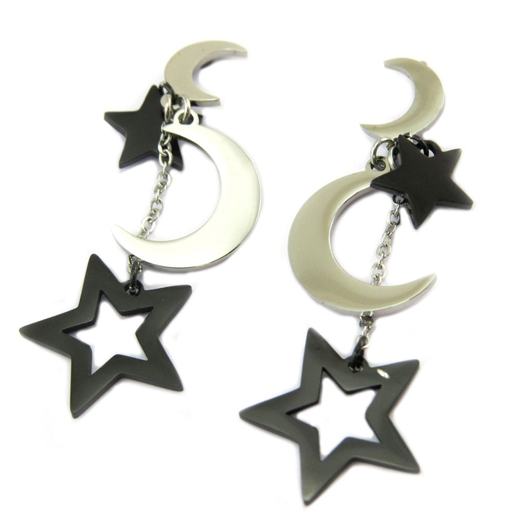 Boucles créateur acier \'Lune Etoilée\' argenté noir - 43x15 mm - [P7807]