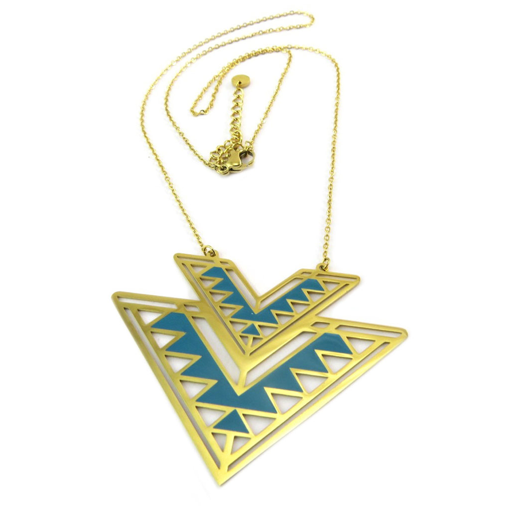 Collier créateur acier \'Boho\' turquoise doré - 60x45 mm - [P7837]