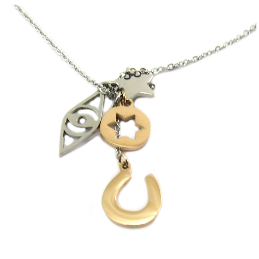 Collier créateur acier \'Porte-Bonheur\' argenté doré rosé - 30x10 mm - [P7850]