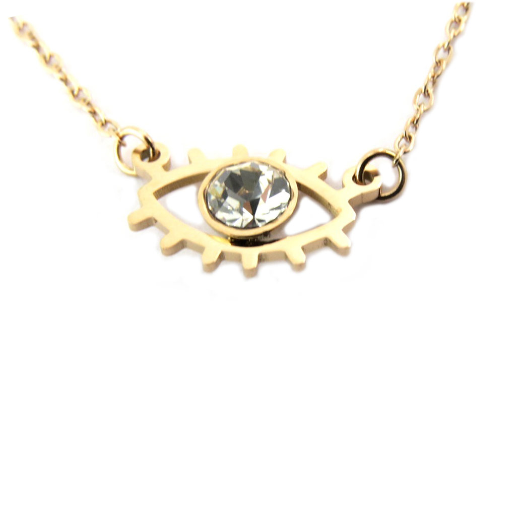 Collier créateur acier \'Oeil de Fatma\' blanc doré rosé - 12x8 mm - [P7882]