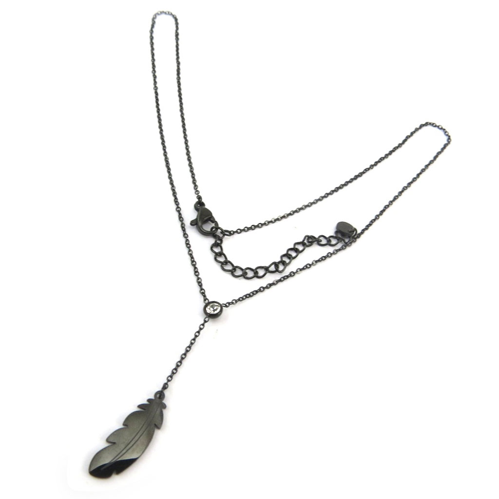 Collier créateur acier \'Boho\' noir (plume) - 20x7 mm - [P7893]