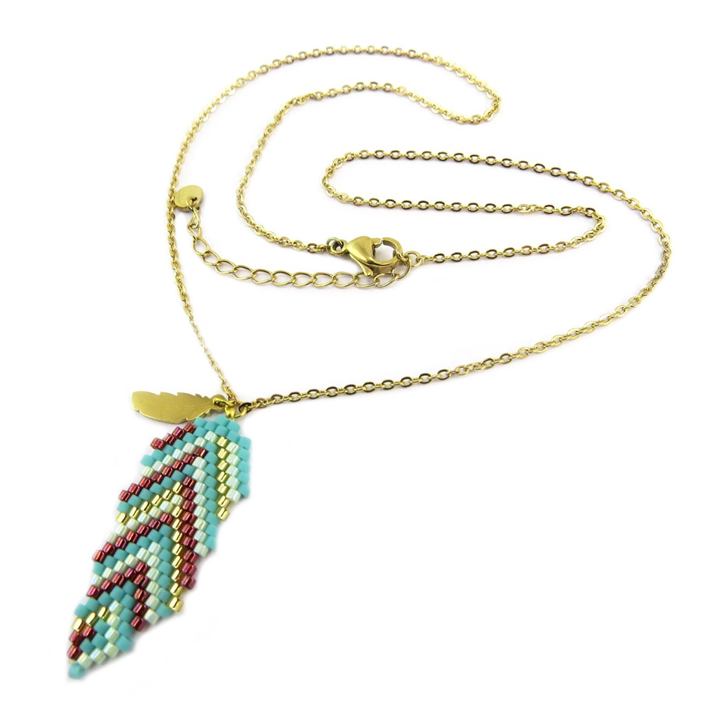 Collier créateur acier \'Boho\' vert rose doré - 35x15 mm - [P7902]