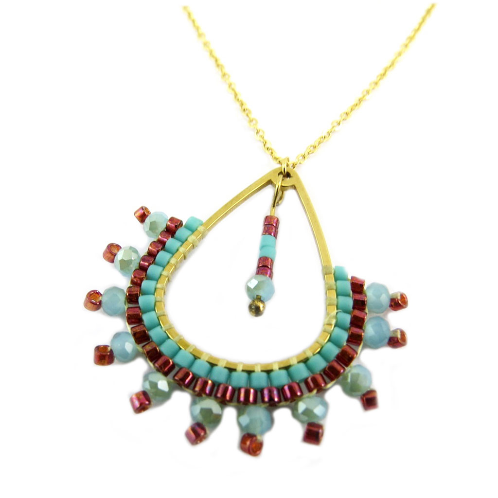 Collier créateur acier \'Boho\' vert rose doré - 30x30 mm - [P7903]
