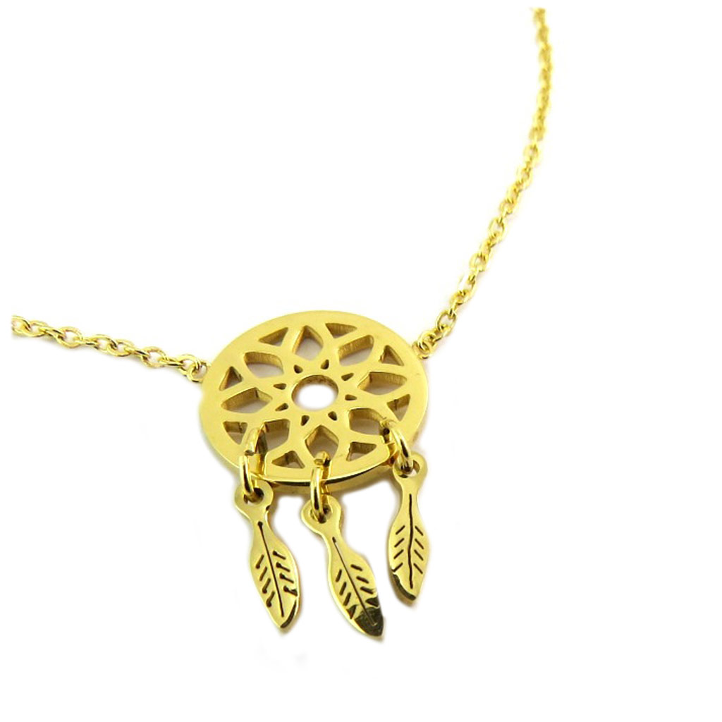 Collier acier \'Boho\' doré (dreamcatcher) - 12x12 mm - [P8107]