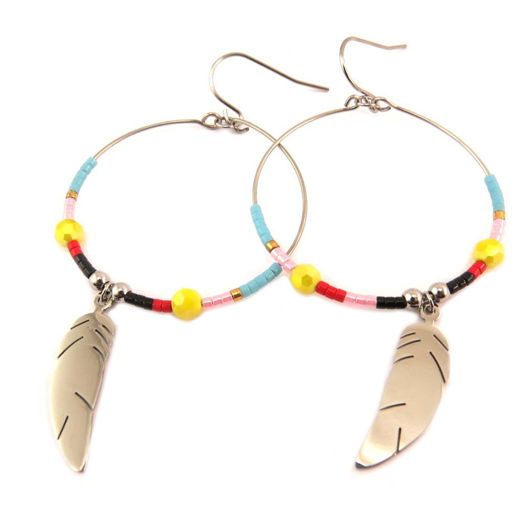 Boucles créateur acier \'Boho\' argenté multicolore - 60x35 mm - [P8135]