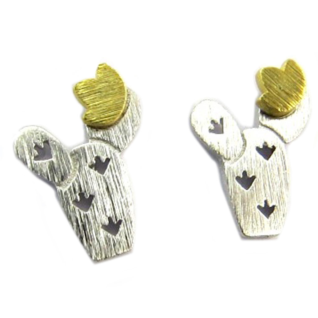 Boucles artisanales \'Cactus\' argenté doré - 12x9 mm - [P8193]