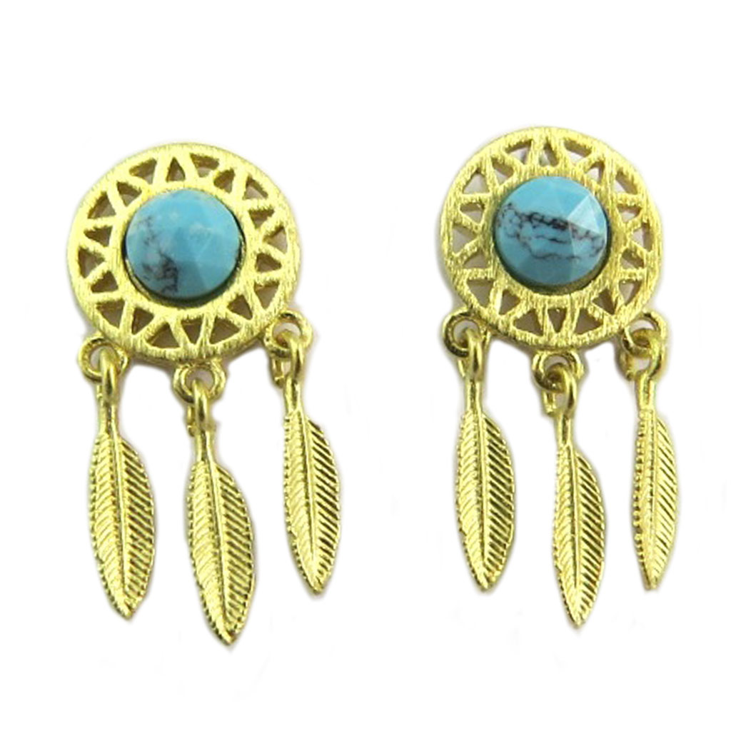 Boucles artisanales \'Boho\' (dreamcatcher) turquoise doré - 18x9 mm - [P8218]