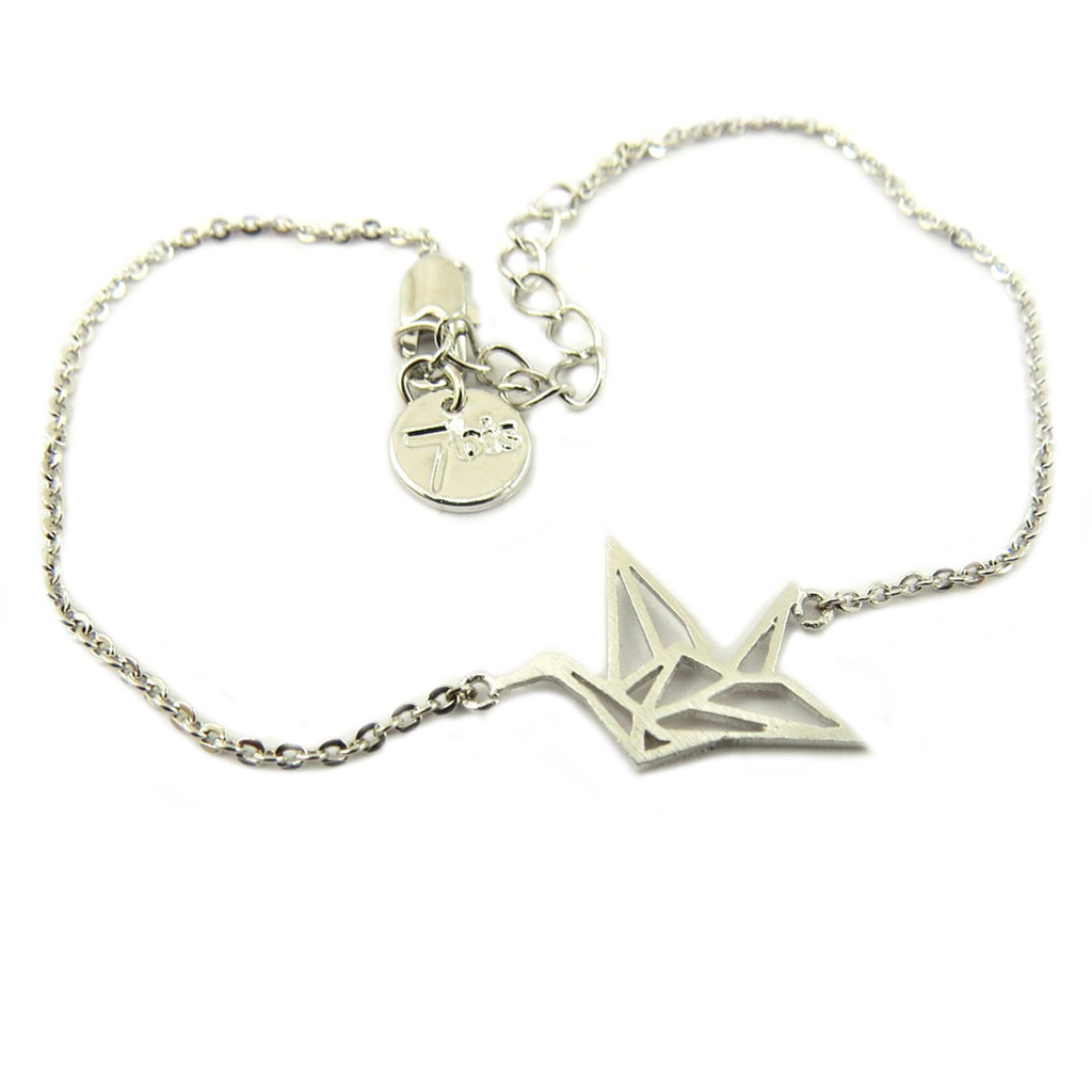 Bracelet artisanal \'Origami\' (oiseau) argenté - 15x12 mm - [P8235]