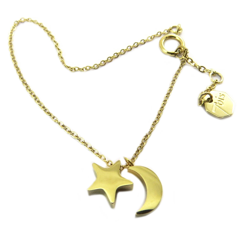 Bracelet artisanal acier \'Clair de Lune\' doré (lune, étoile) - lune 9x5 mm, étoile 9 mm - [P8286]