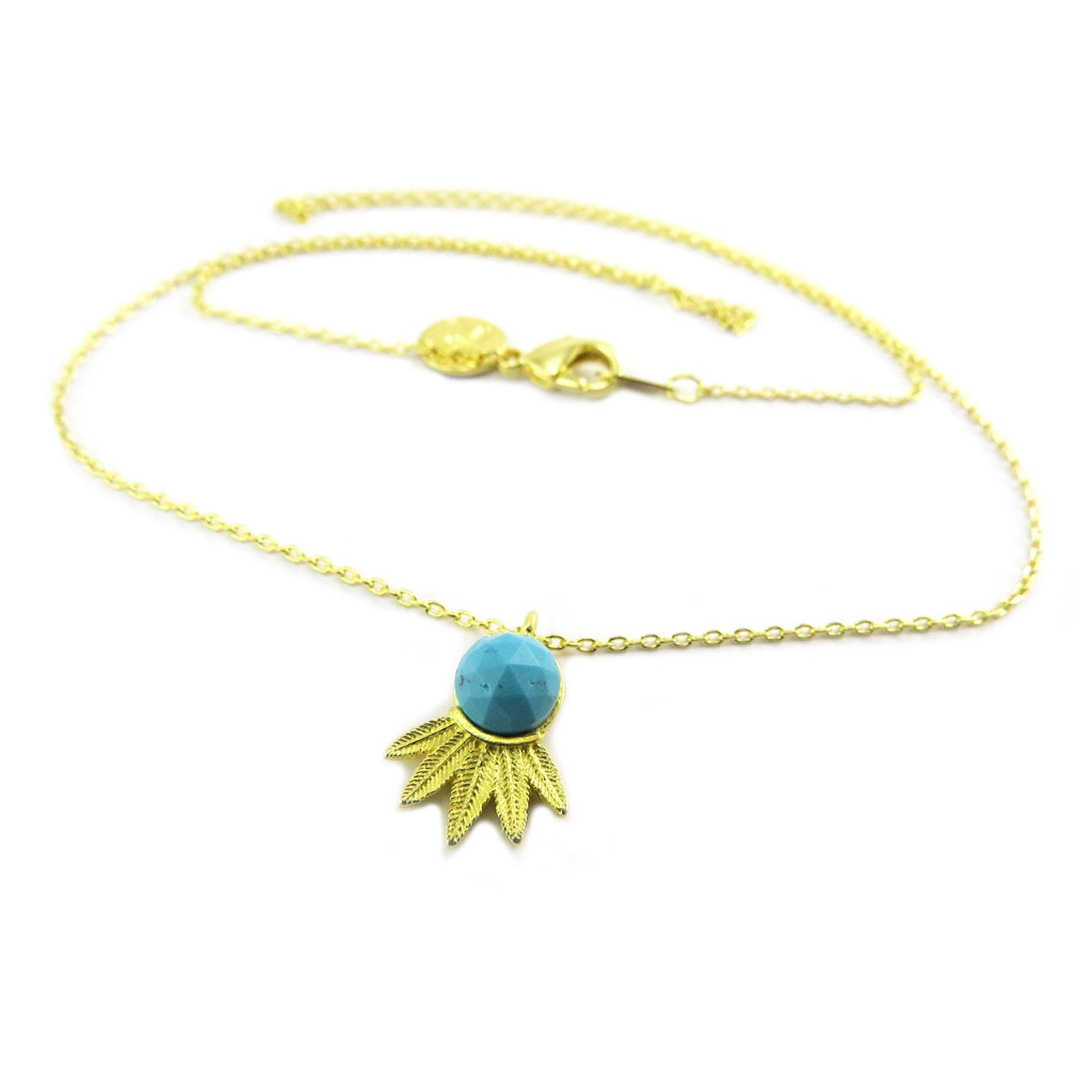 Collier artisanal \'Boho\' (plumes) turquoise doré - 12x10 mm - [P8332]