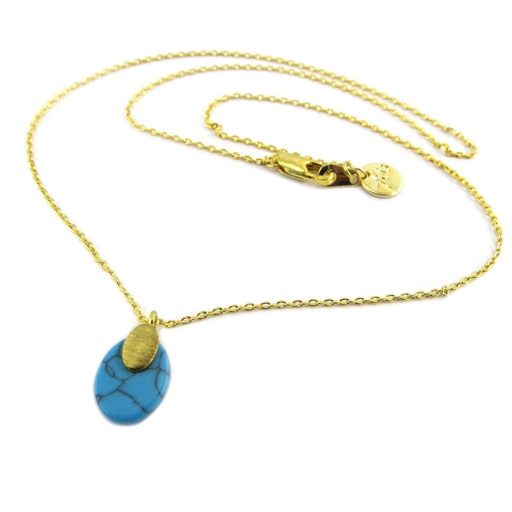 Collier artisanal \'Boho\' (plumes) turquoise doré - 11x8 mm - [P8333]