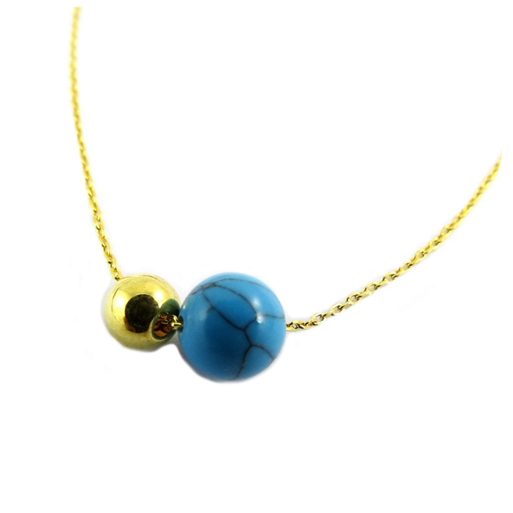 Collier artisanal \'Boho\' (plumes) turquoise doré - 13x8 mm - [P8334]