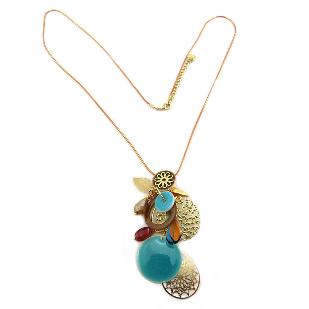 Collier Sautoir Créateur \'Altai\' turquoise marron doré - 75 cm, motif 11 cm - [P8447]