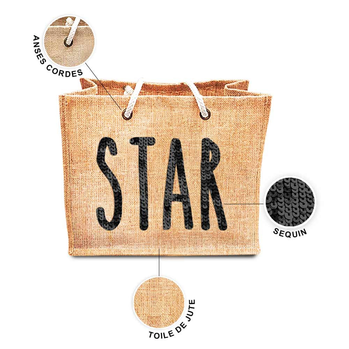 Sac shopping \'Star\' beige noir (jute) - 42x345x185 cm - [P8785]