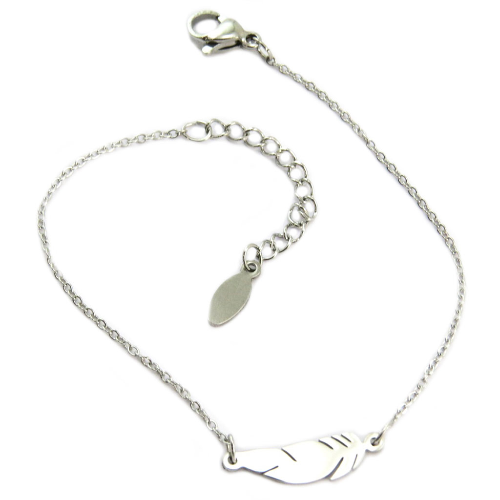 Bracelet acier \'Boho\' argenté (plume) - 15x5 mm - [P9164]