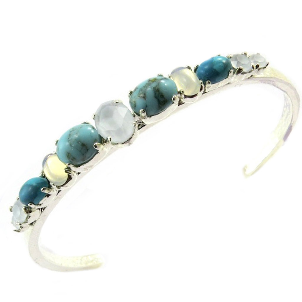 Bracelet artisanal \'Constantinople\' turquoise blanc argenté - 65 mm 8 mm - [P9321]