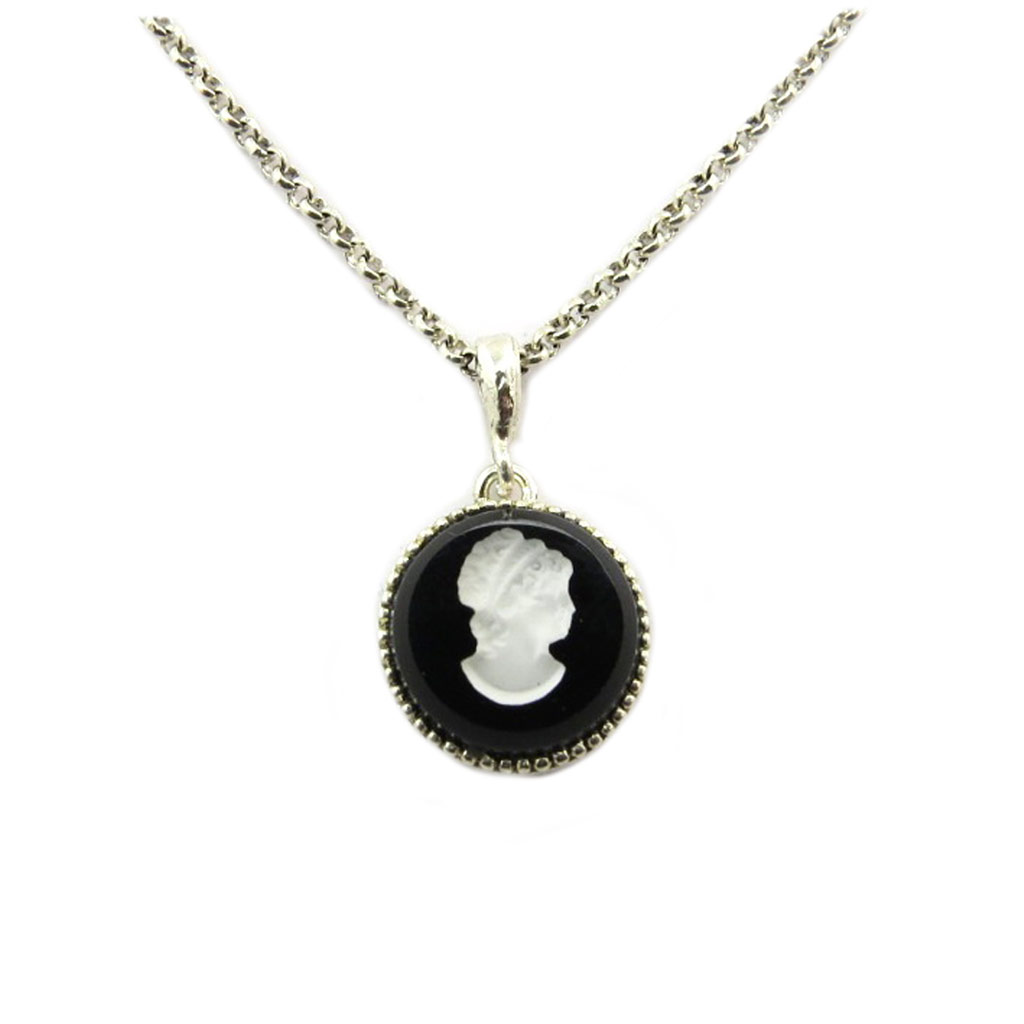 Collier artisanal \'Divine Camée\' noir blanc argenté - 13x13 mm - [P9325]