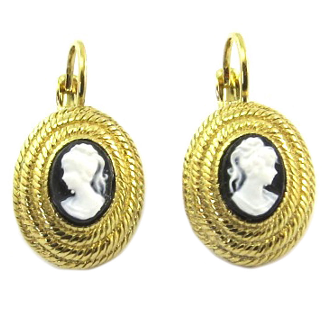 Dormeuses artisanales \'Divine Camée\' noir blanc doré - 15x12 mm - [P9328]