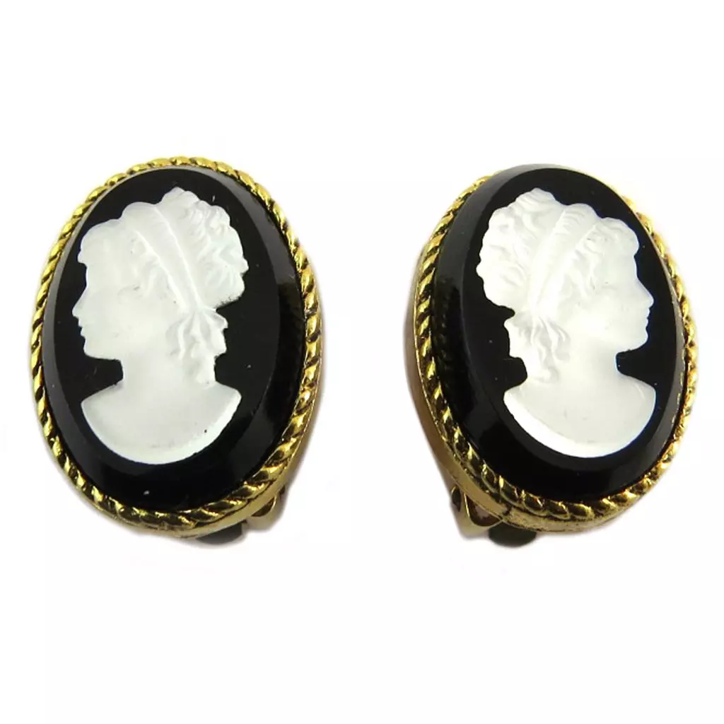 les trésors de lily Clips d'oreilles artisanales 'Divine Camée' noir blanc doré 19x14 mm [P9338]